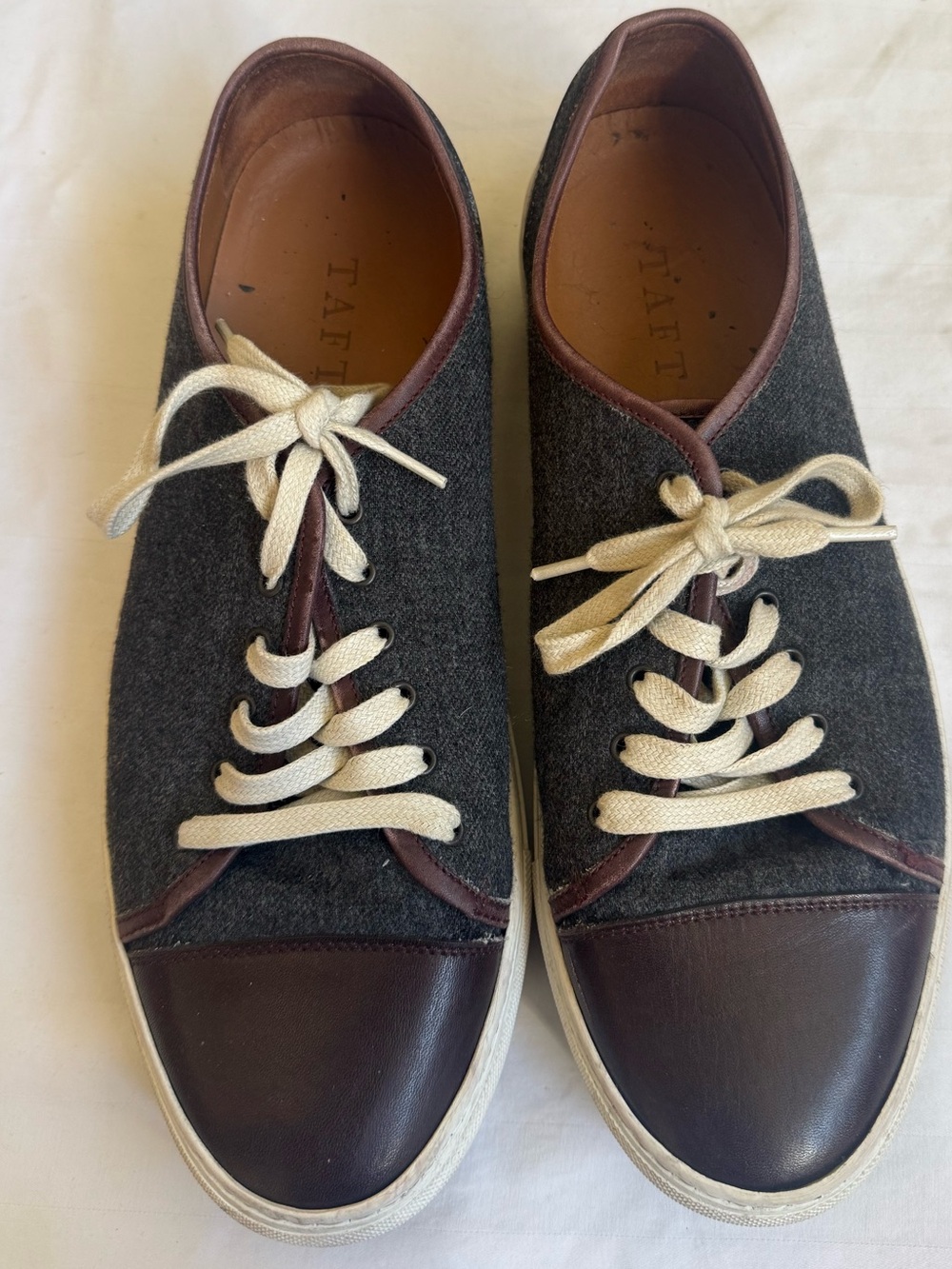 Taft Handcrafted in Spain Wool and Leather Low Top Sneakers Grey Brown Mens 42